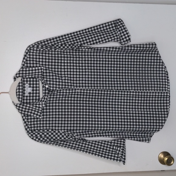 Gingham black & white plaid 3/4 sleeve checkered button up blouse size small - Picture 3 of 10